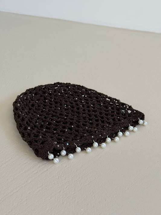 CUFFIETTA CROCHET CON PERLINE - CIOCCOLATO