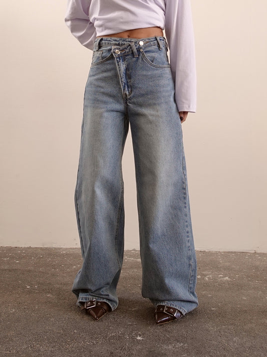 JEANS WIDE LEG CON VITA ASIMMETRICA - BLUE DENIM CHIARO 3390