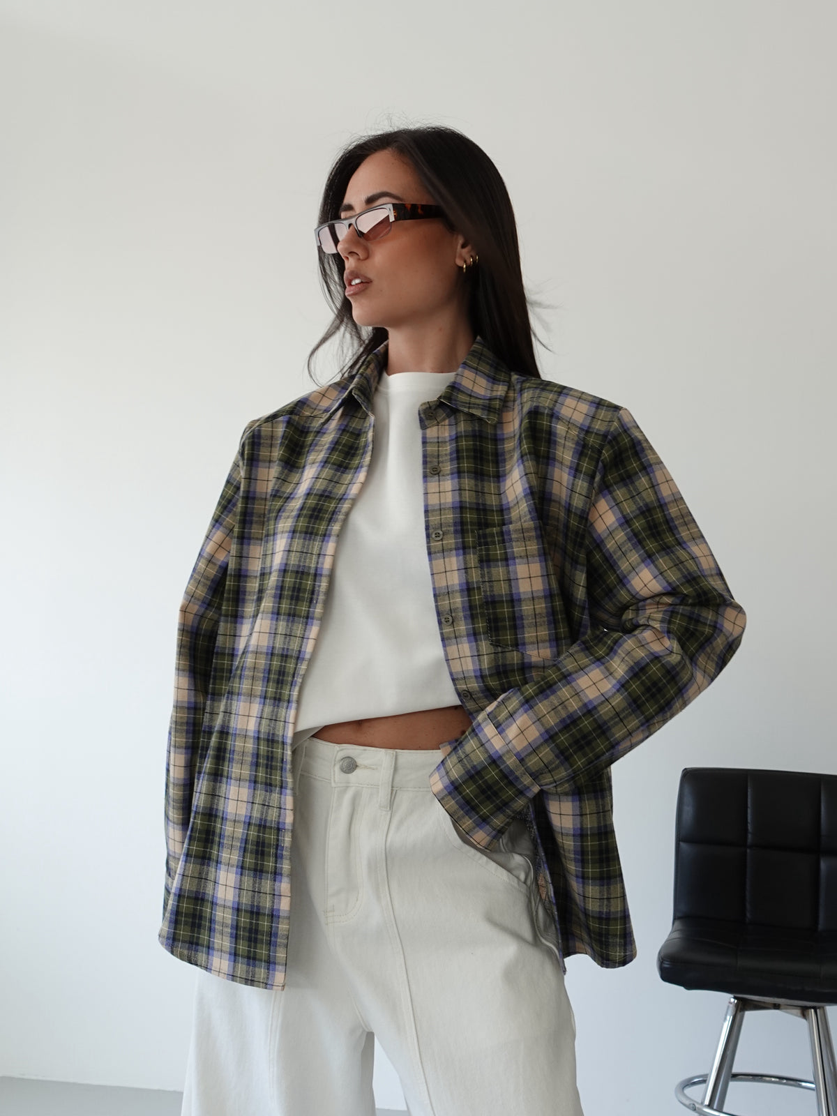 CAMICIA IN COTONE A QUADRI CON SPALLINE - VERDE/BEIGE