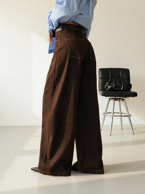 JEANS BALLOON COLOR CON CINTURA - MARRONE 32630