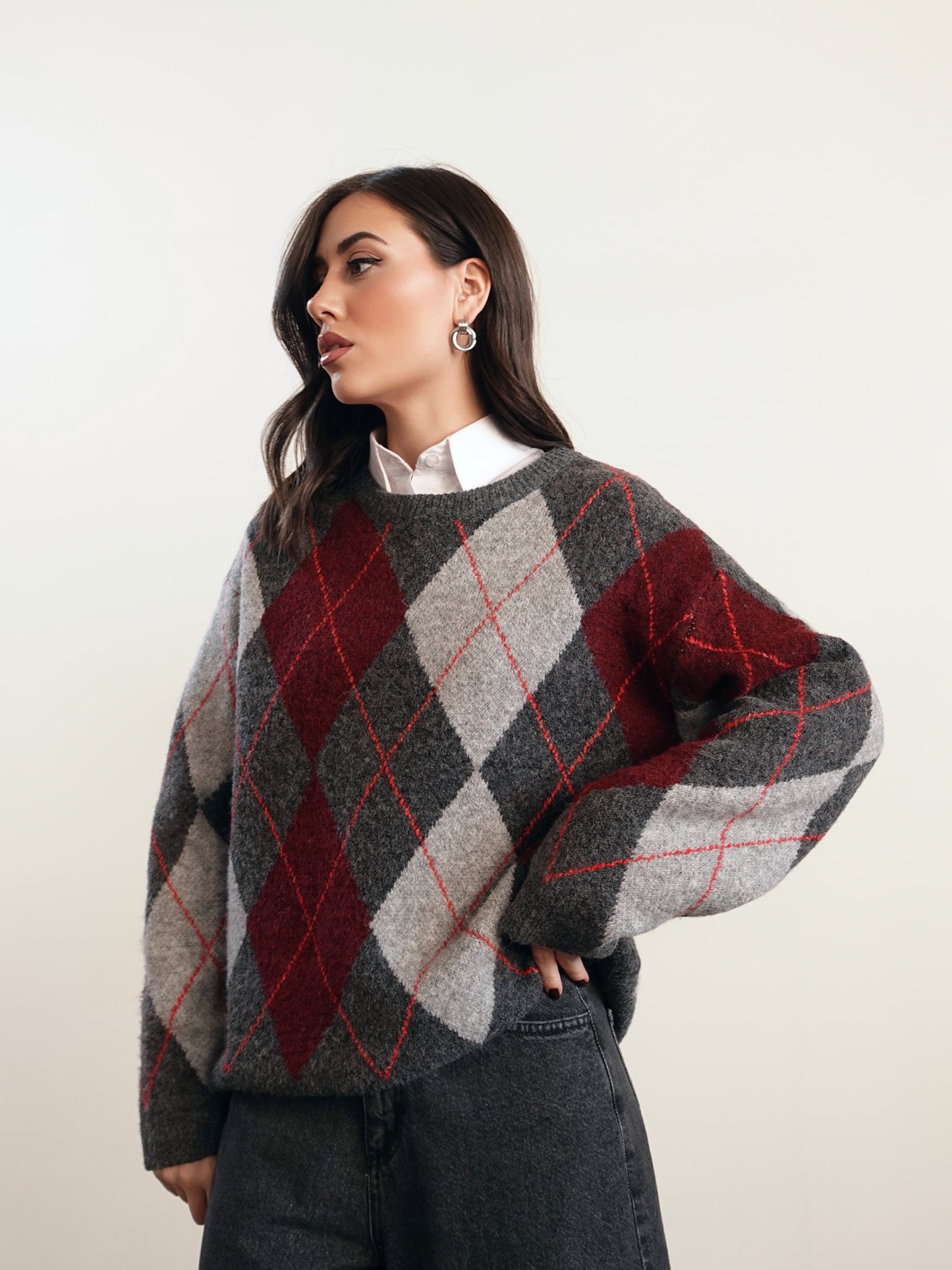 MAGLIONE ROMBI IN LANA - GRIGIO/BORDEAUX 7015