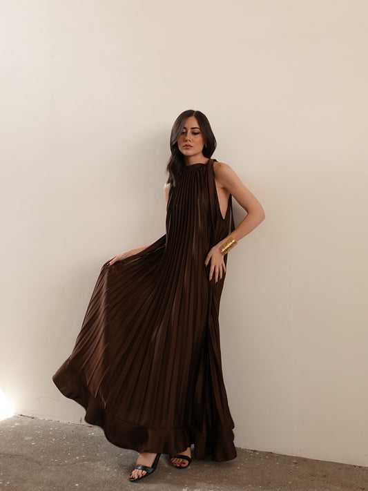 LONG DRESS PLISSETTATO - MARRONE 18752