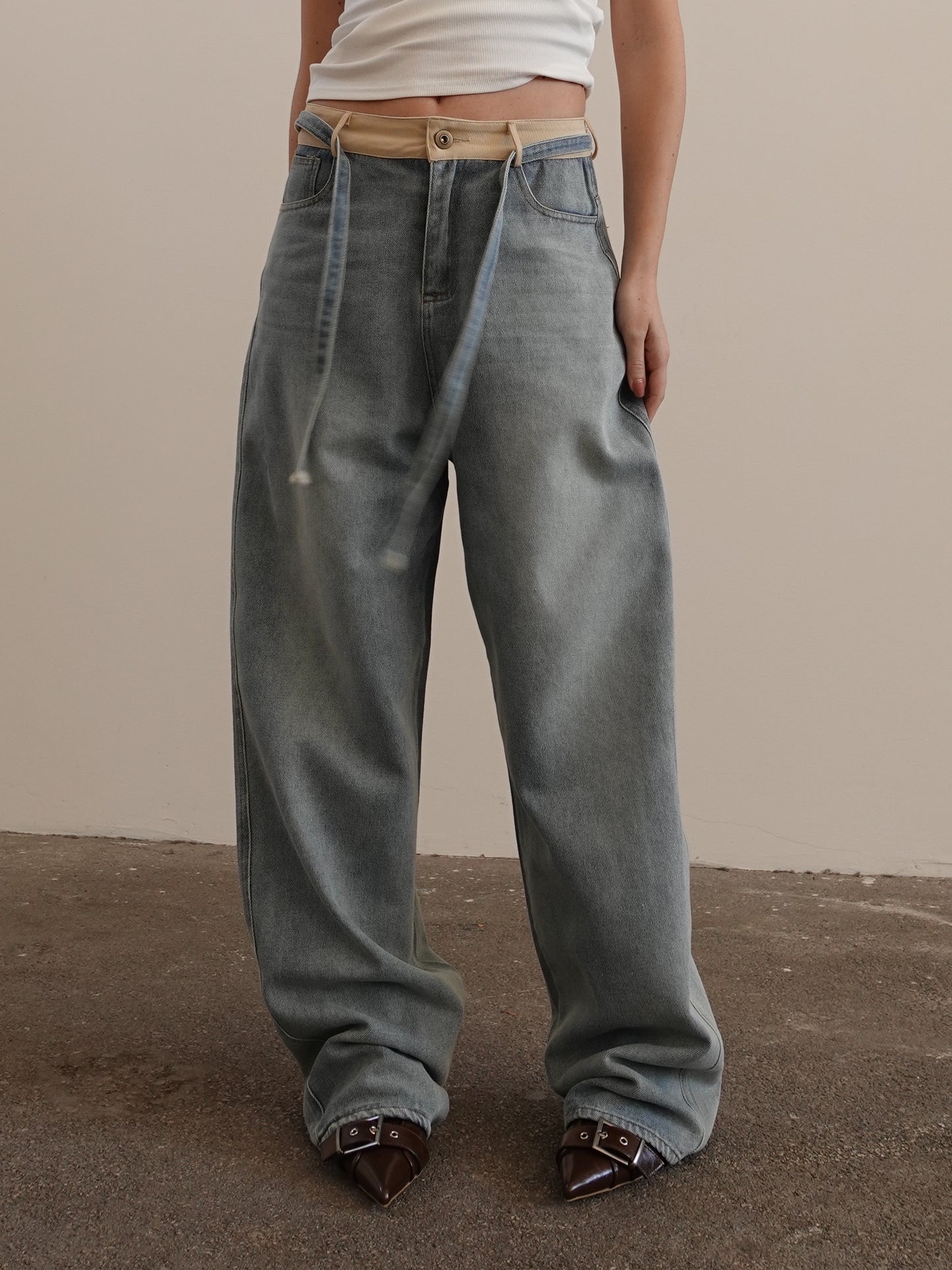 JEANS WIDE LEG CON DETTAGLI IN COTONE - SABBIATO/BEIGE 43042