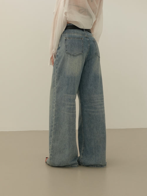 JEANS WIDE LEG SABBIATO CON CINTURA - LAVAGGIO MEDIO 66381
