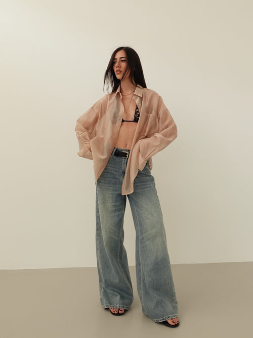 JEANS WIDE LEG SABBIATO CON CINTURA - LAVAGGIO MEDIO 66381