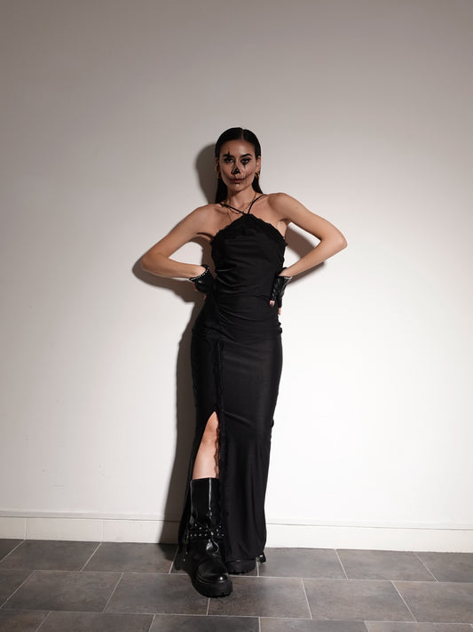 LONG DRESS CON BORDINO IN PIZZO - NERO 14312