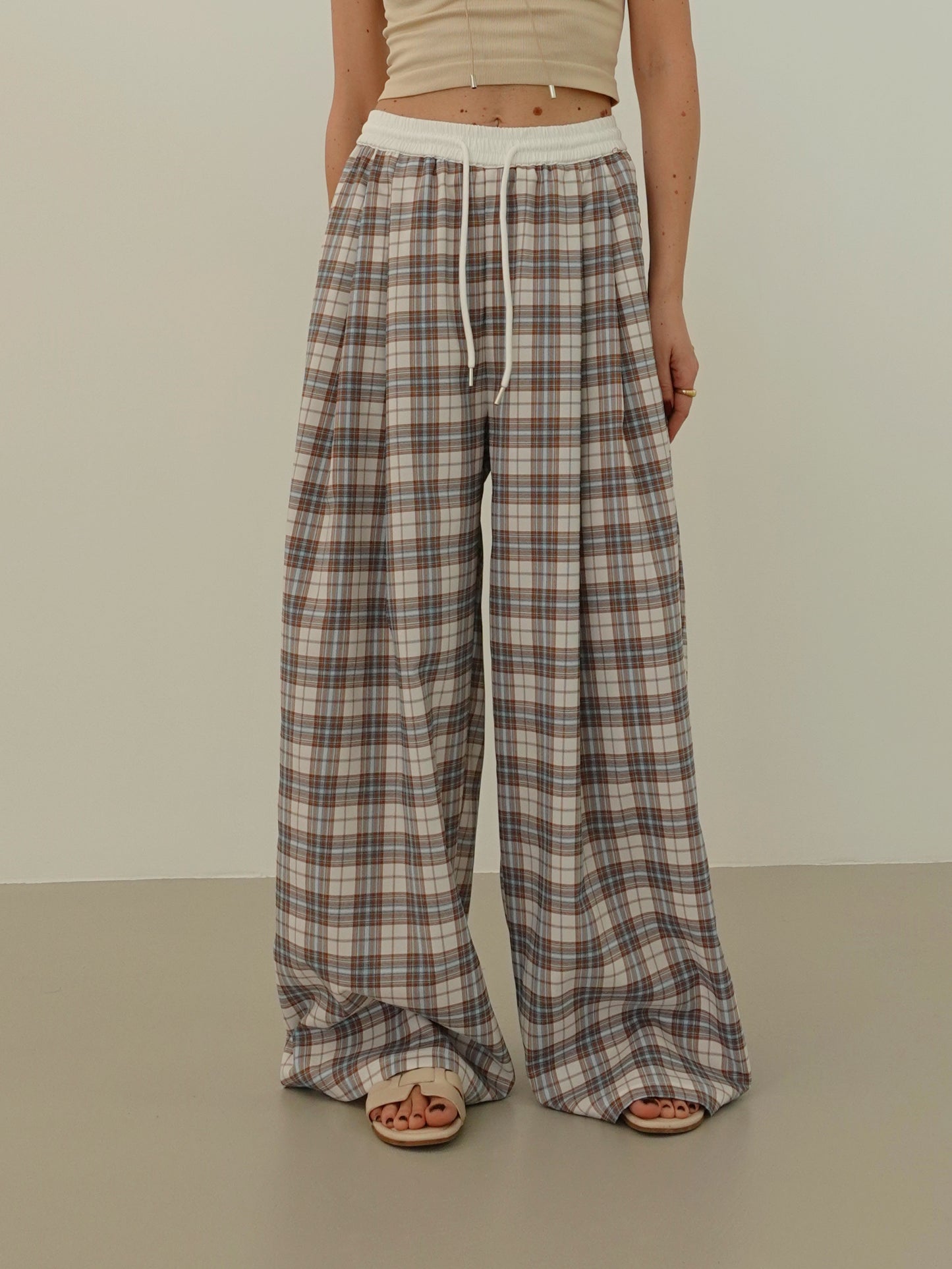 PANTALONI A QUADRI WIDE LEG - BEIGE/AZZURRO 17302