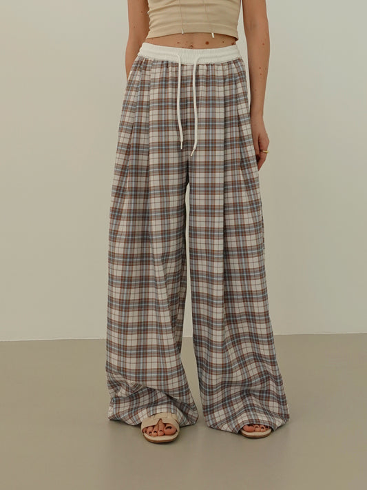 PANTALONI A QUADRI WIDE LEG - BEIGE/AZZURRO 17302