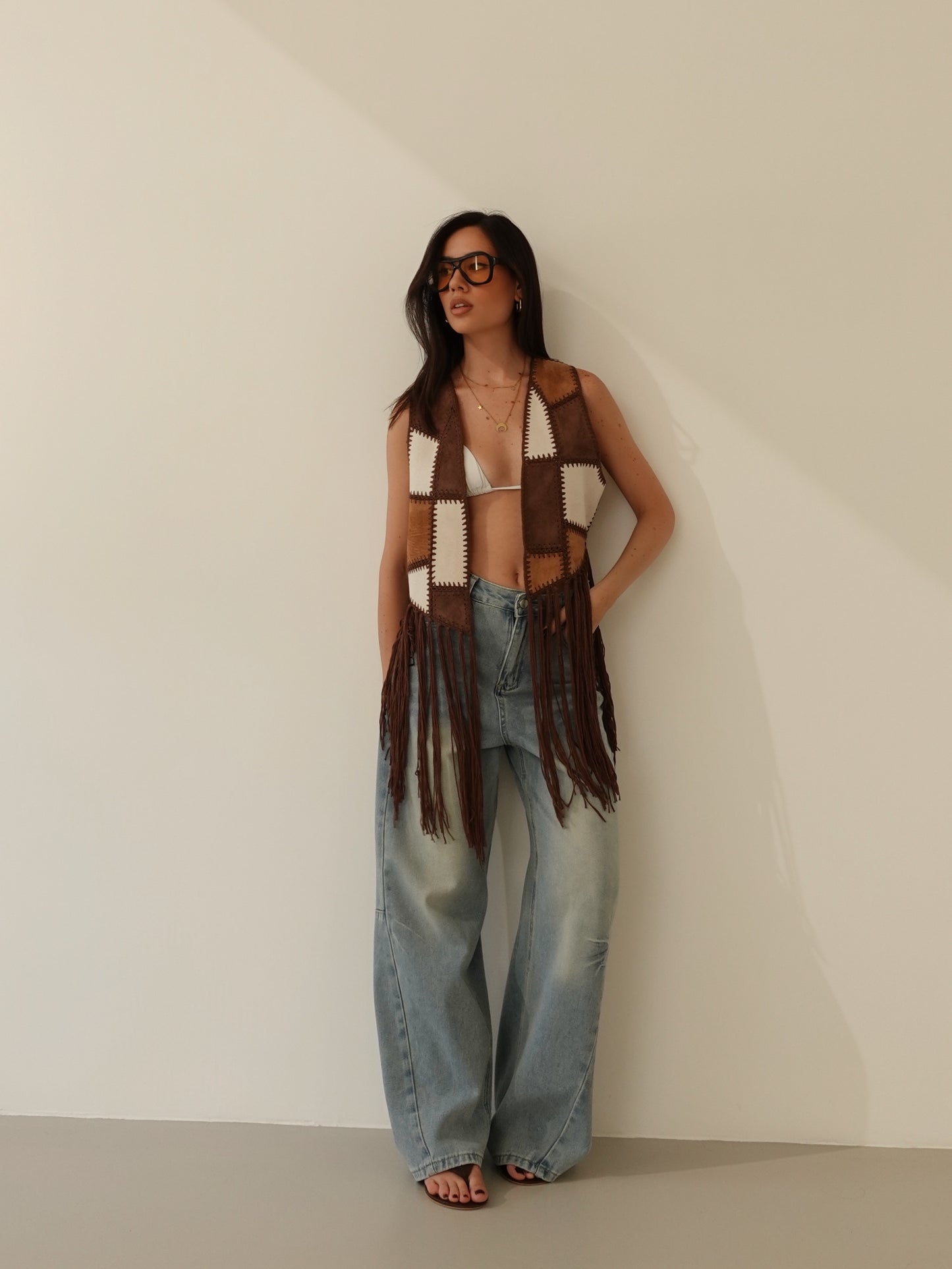 GILET TEXAS CON FRANGE - MARRONE 50111
