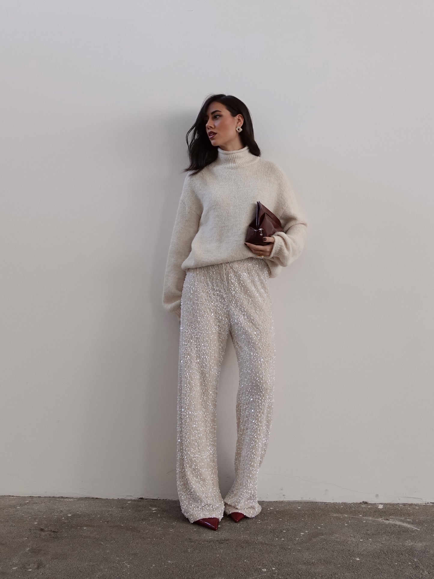 PANTALONI IN CINIGLIA CON PAILLETTES - PANNA 10460