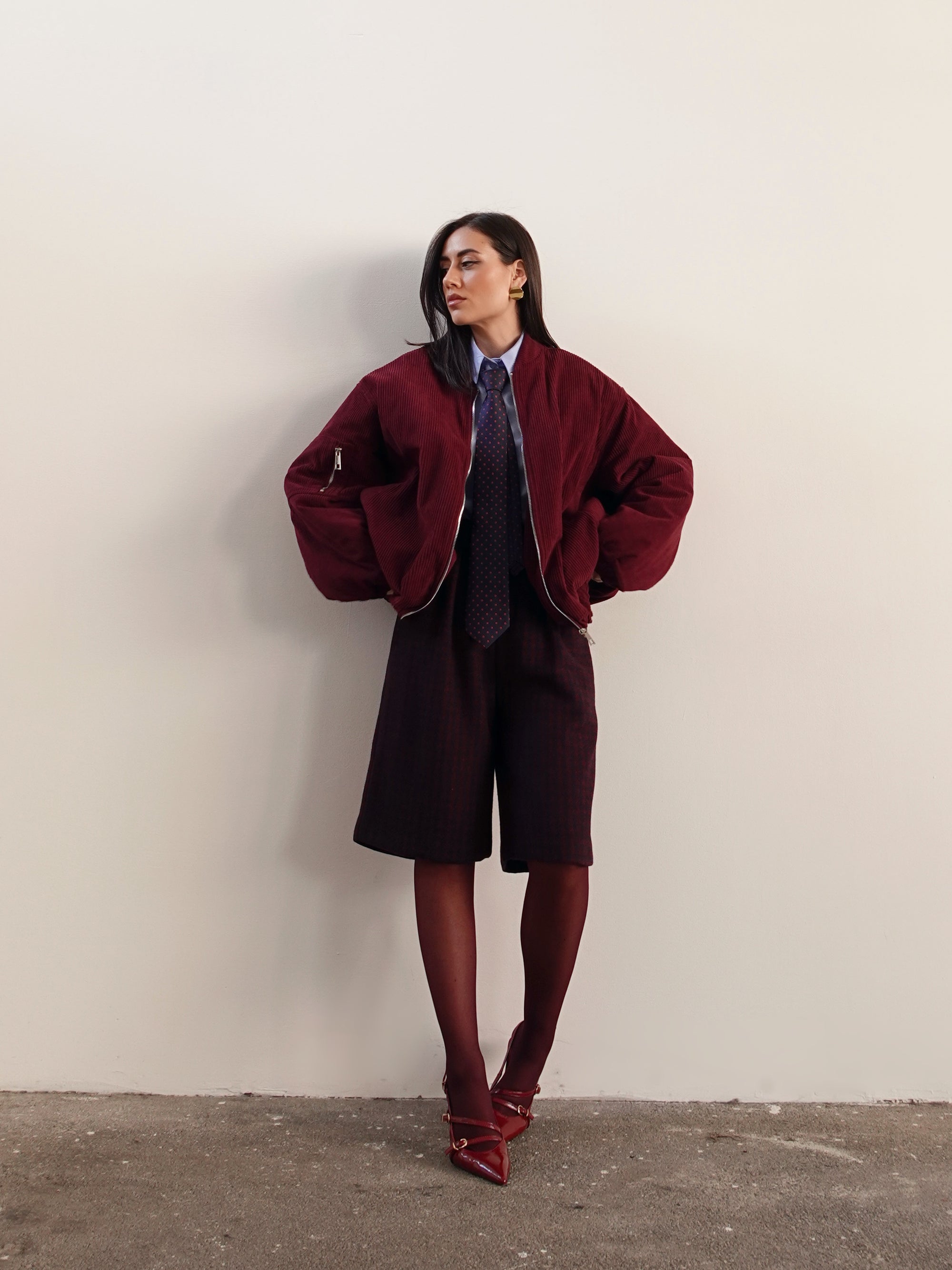 BERMUDA PIED DE POULE IN LANA - BORDEAUX/BLU 5978