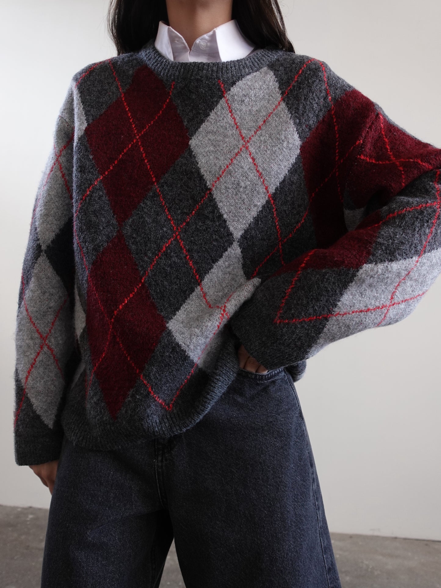 MAGLIONE ROMBI IN LANA - GRIGIO/BORDEAUX 7015