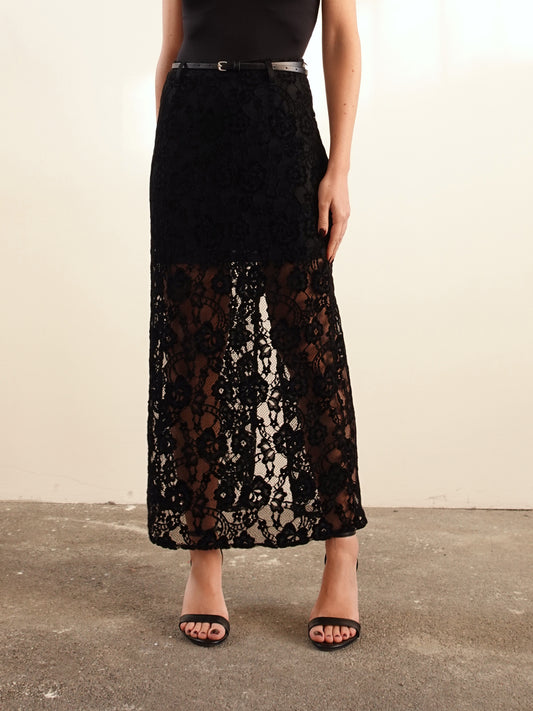 GONNA LONGUETTE LUMINA IN PIZZO - NERO L9475