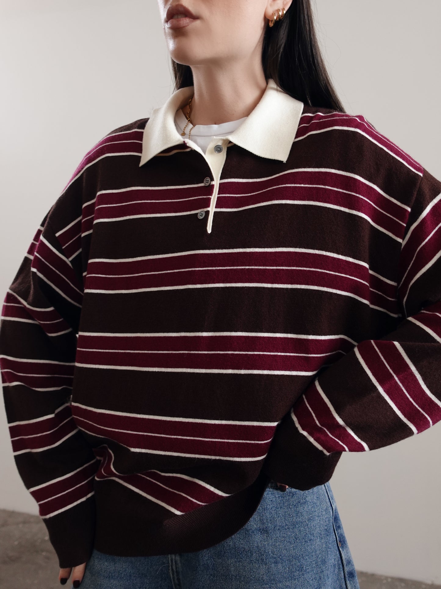 POLO IN MAGLIA OVERSIZE A RIGHE - MARRONE/WINE 7197-1