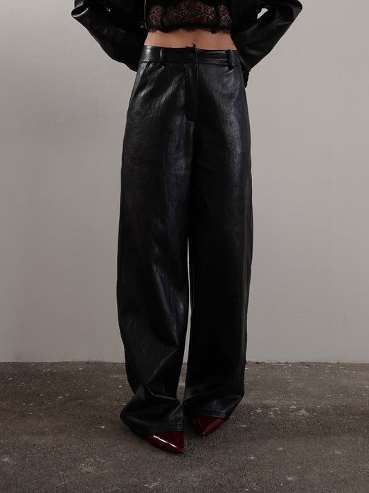 PANTALONI IN ECOPELLE WIDE LEG - NERO 19353