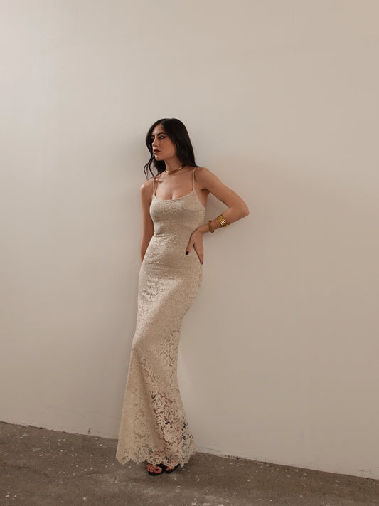 LONG DRESS IN MACRAME' - CREMA 34305