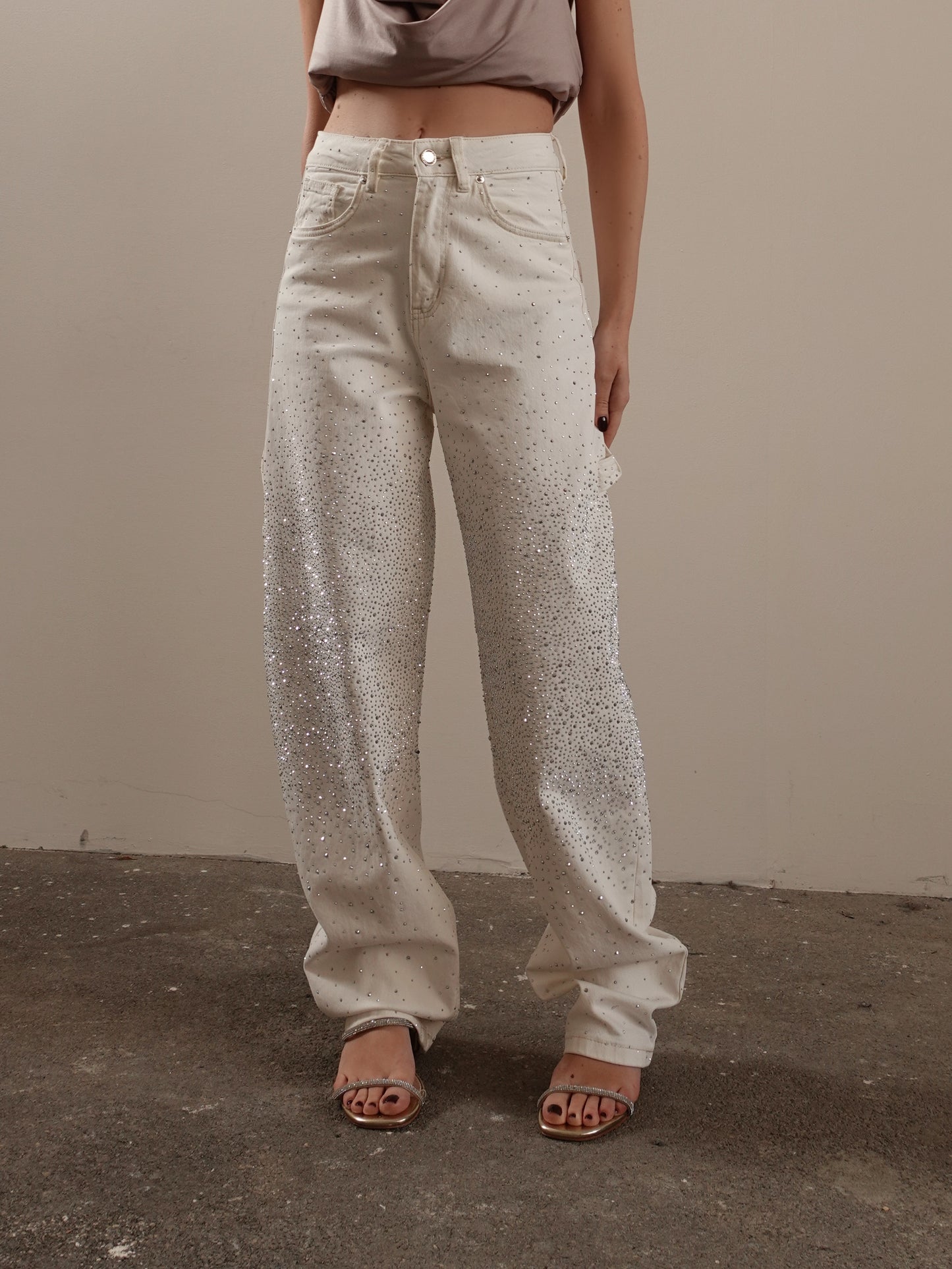 JEANS BAGGY CARPENTER CON STRASS - BIANCO 3371