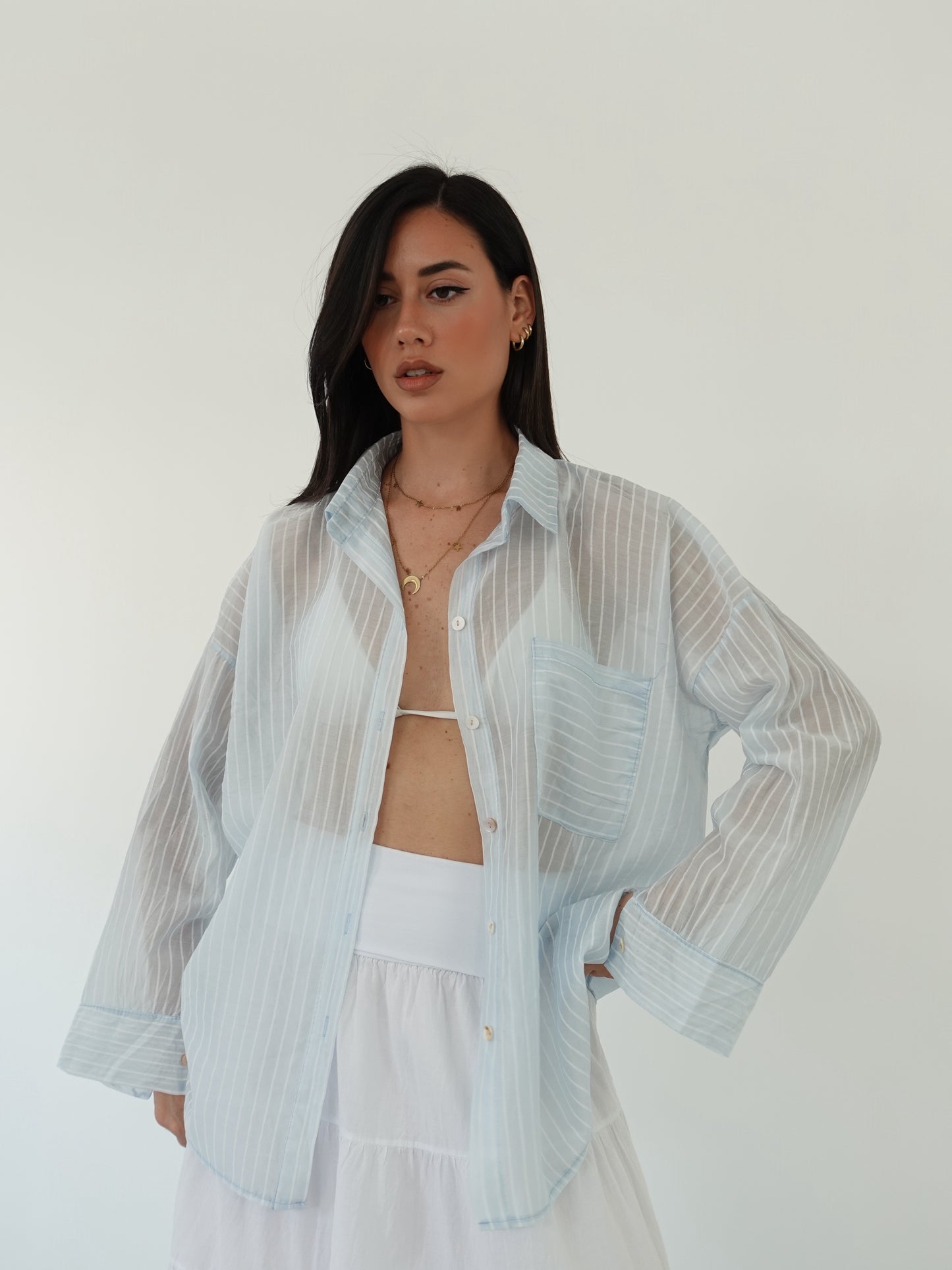 CAMICIA SEMITRASPARENTE A RIGHE - CIELO 25135