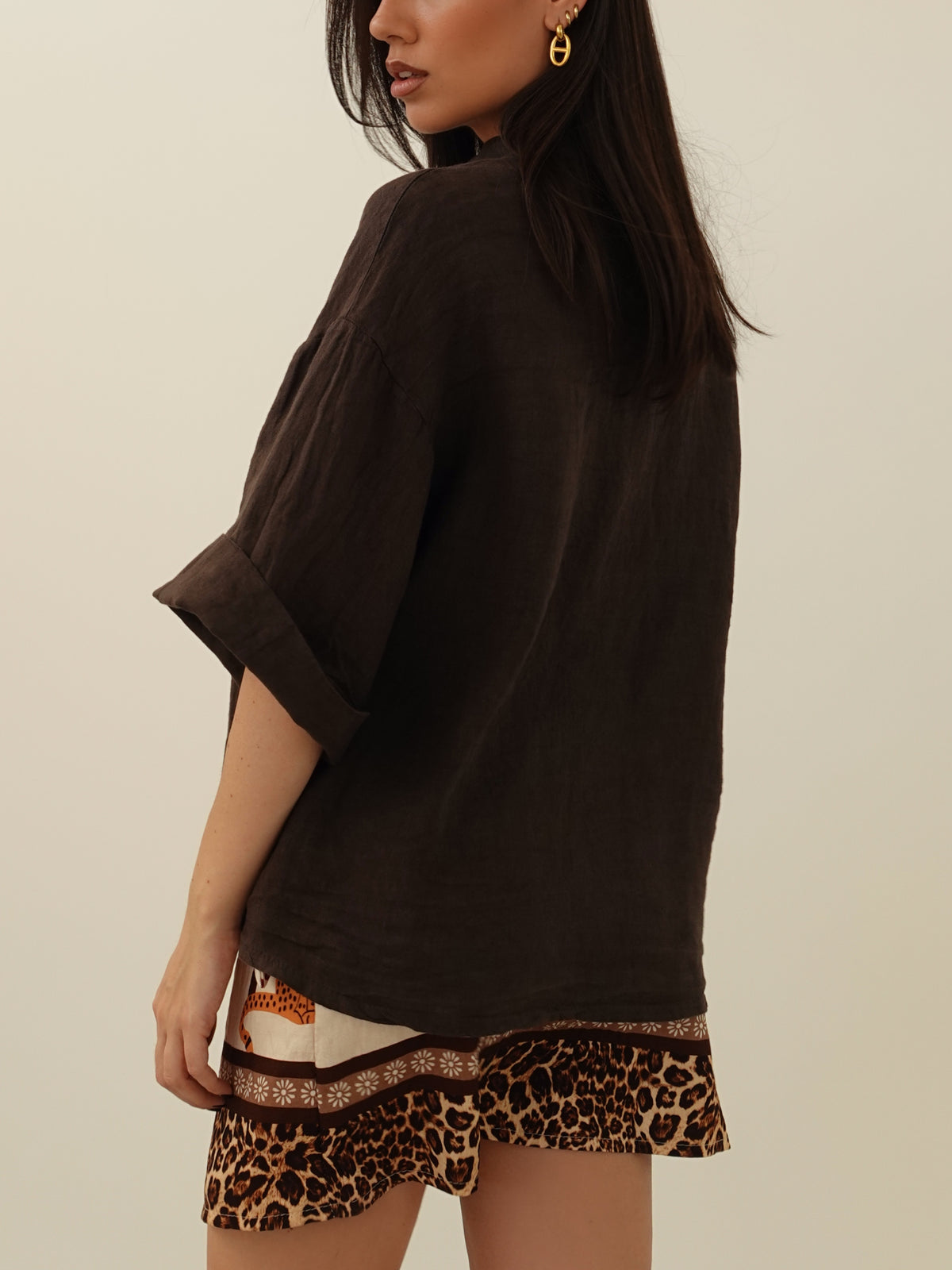 CAMICIA 100% LINO MEZZA MANICA - CIOCCOLATO 10742