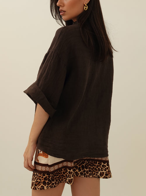 CAMICIA 100% LINO MEZZA MANICA - CIOCCOLATO 10742