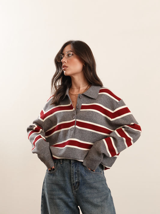 POLO OVERSIZE IN MAGLIA A RIGHE - GRIGIO/BORDEAUX 7139