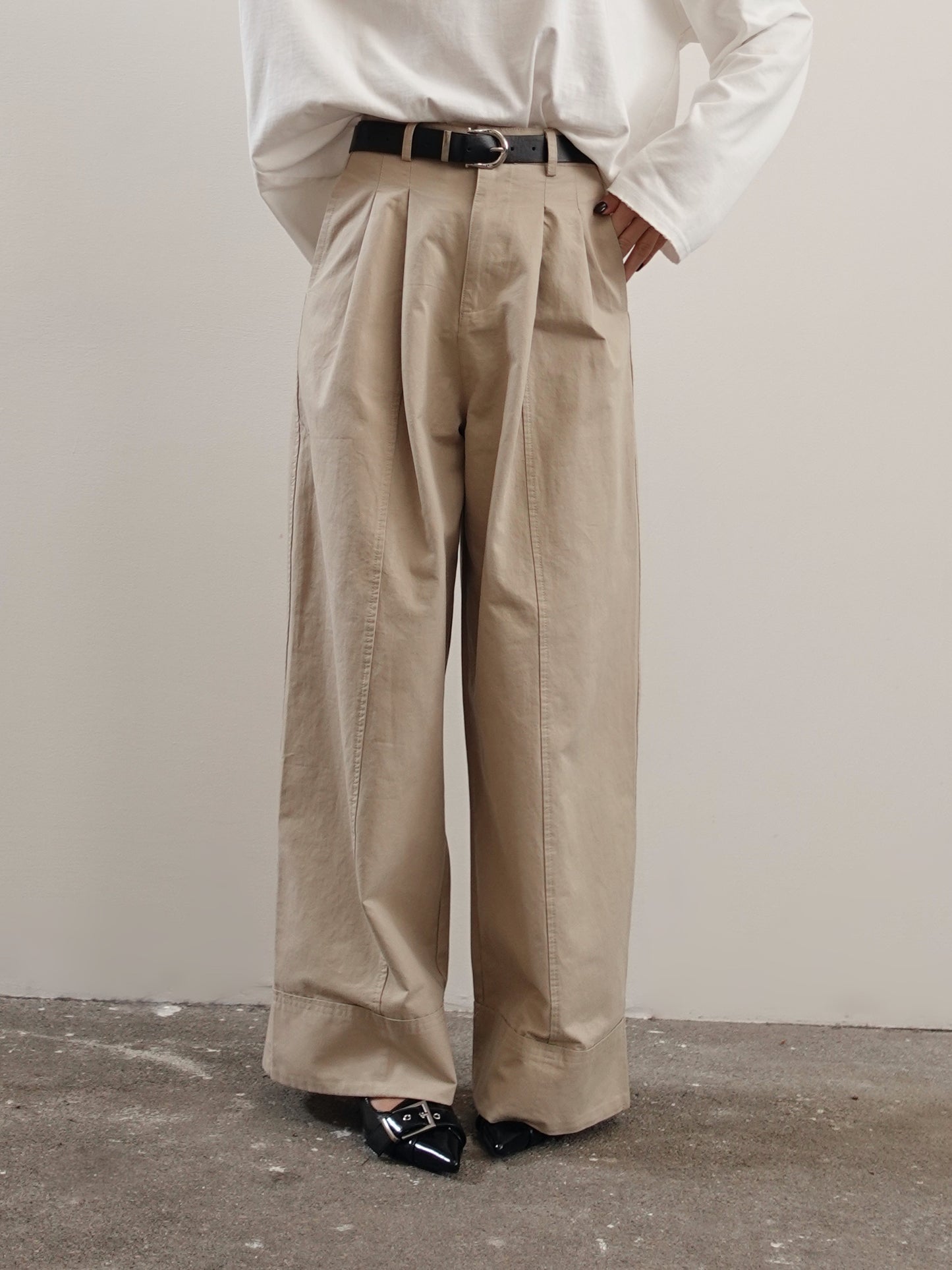 PANTALONI IN COTONE A PALAZZO CON CINTURA - BEIGE 14740