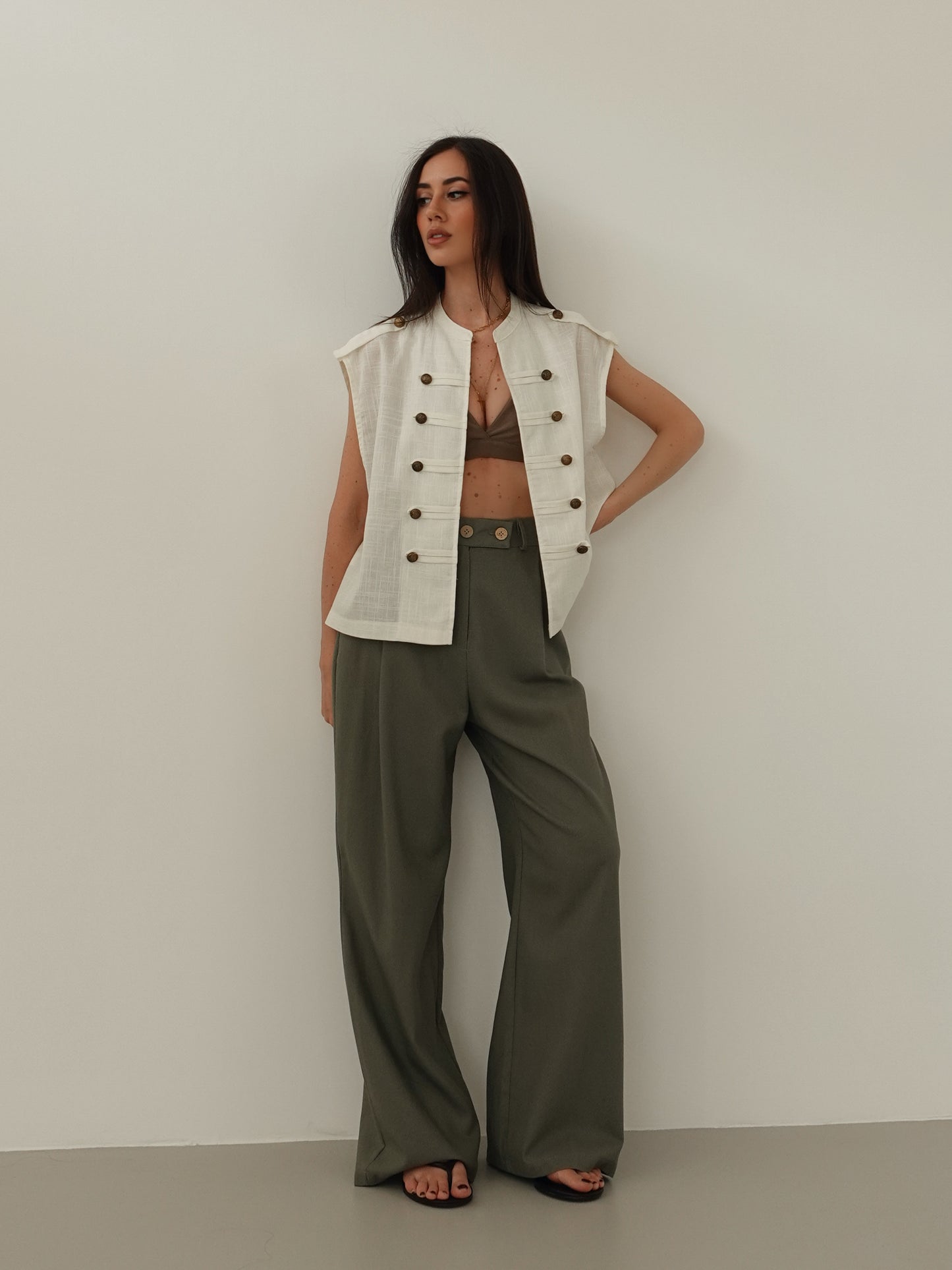 PANTALONI MISTO LINO/VISCOSA - VERDE OLIVA 5845