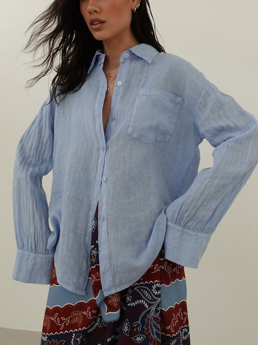 CAMICIA CON TASCHINO IN 100% LINO - AZZURRO 8612-1