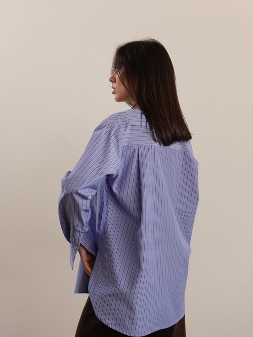 CAMICIA A RIGHE CON COLLETTO A CONTRASTO - AZZURRO/MARRONE 5073