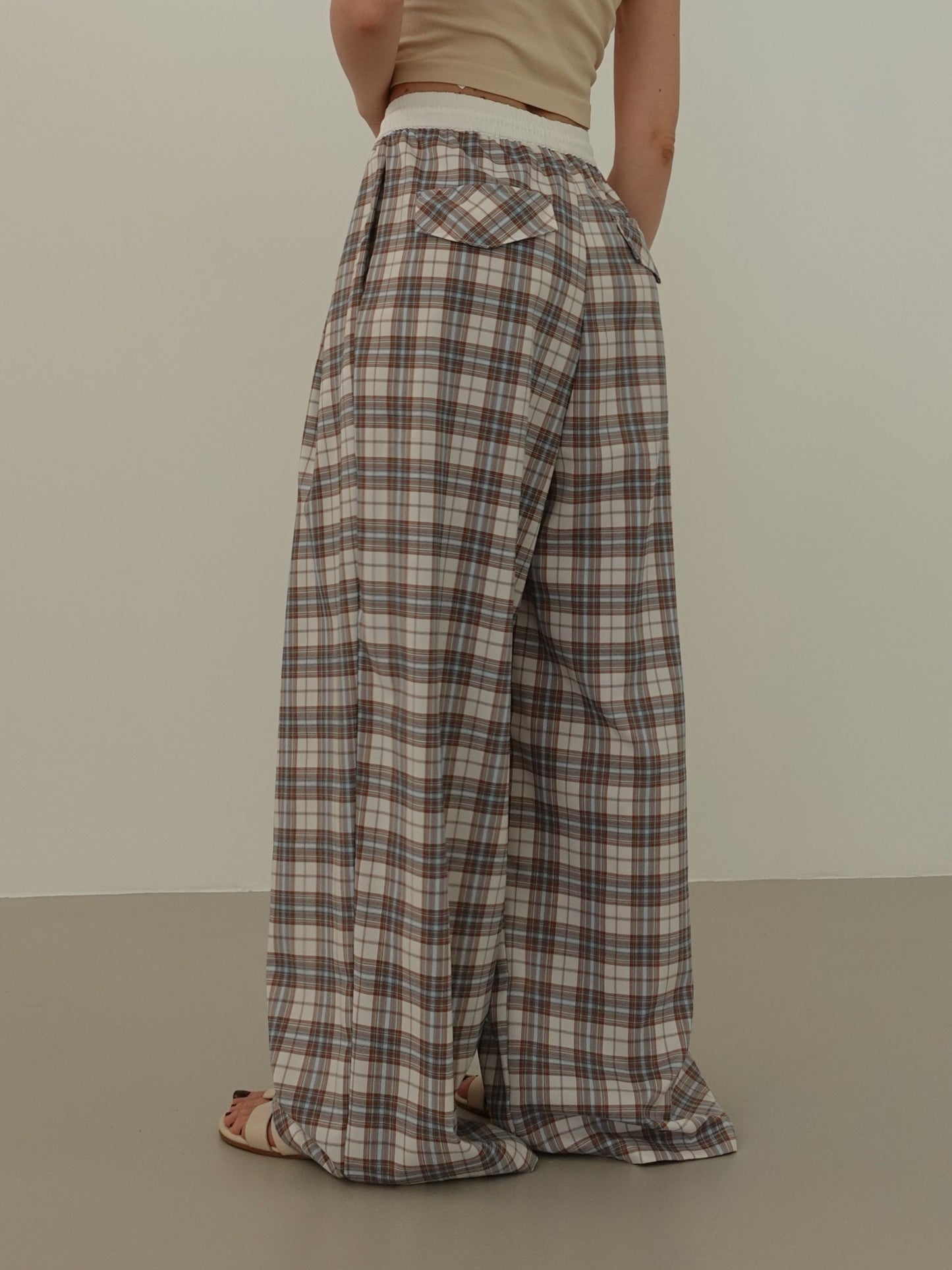 PANTALONI A QUADRI WIDE LEG - BEIGE/AZZURRO 17302