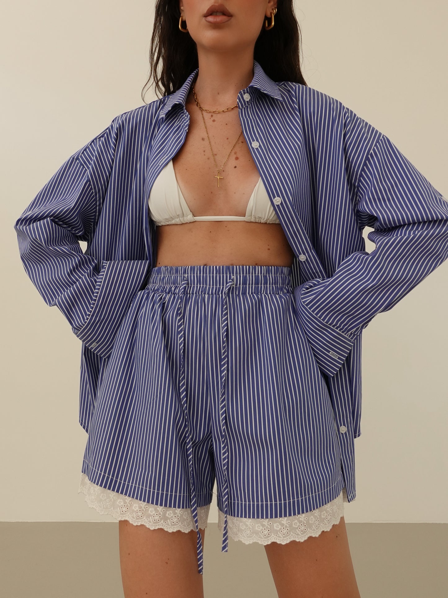 COORDINATO MILLERIGHE CON MERLETTO - BLU 66716