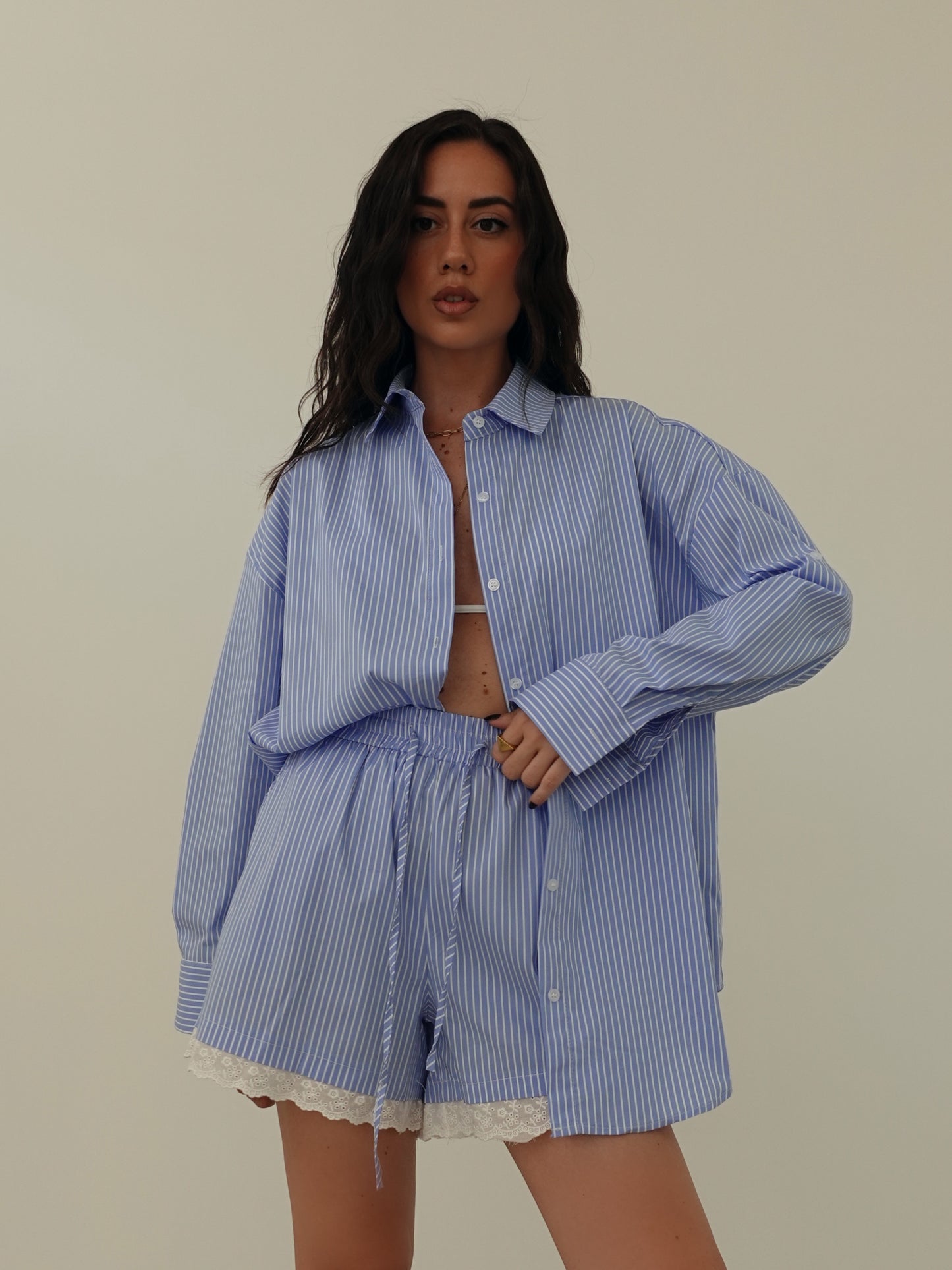 COORDINATO MILLERIGHE CON MERLETTO - AZZURRO 66716