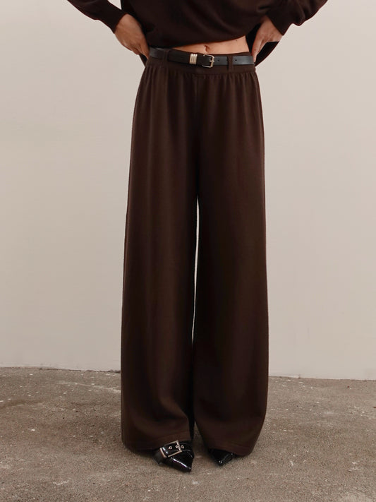 PANTALONI IN MAGLIA WIDE LEG CON CINTURA - MARRONE 15674