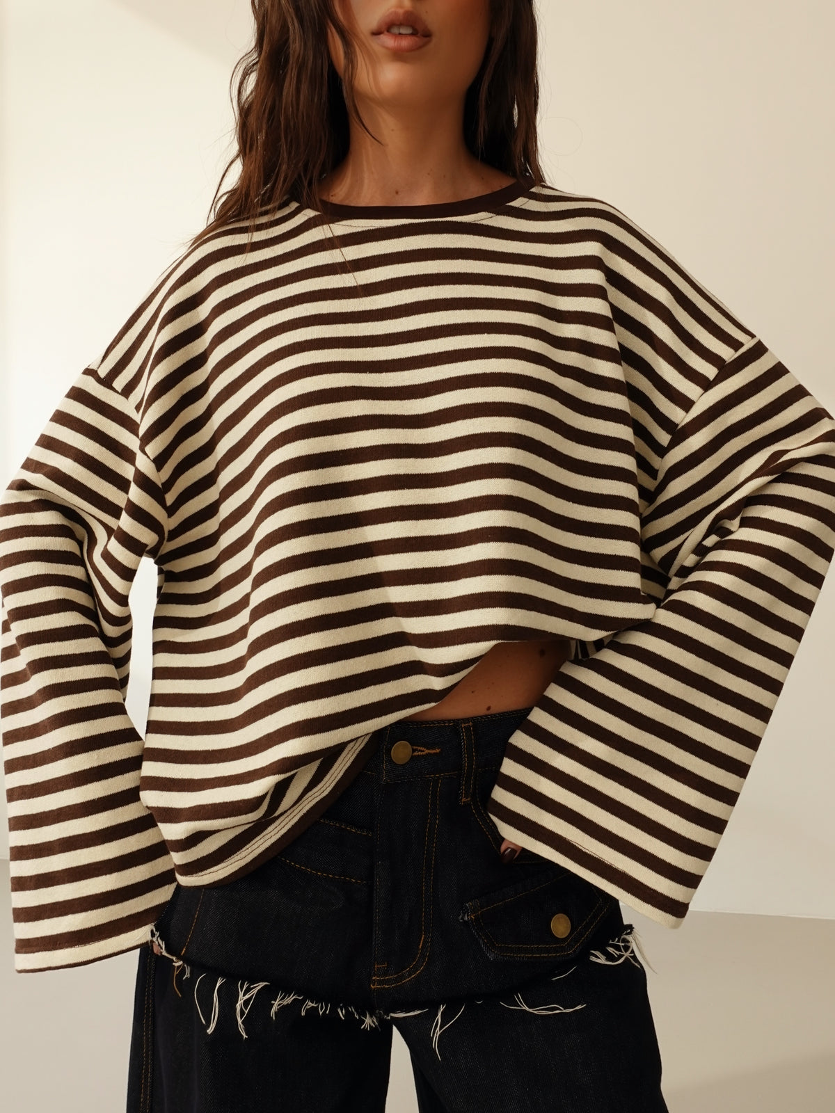LONG-SLEEVE A RIGHE - BURRO/MARRONE F1109