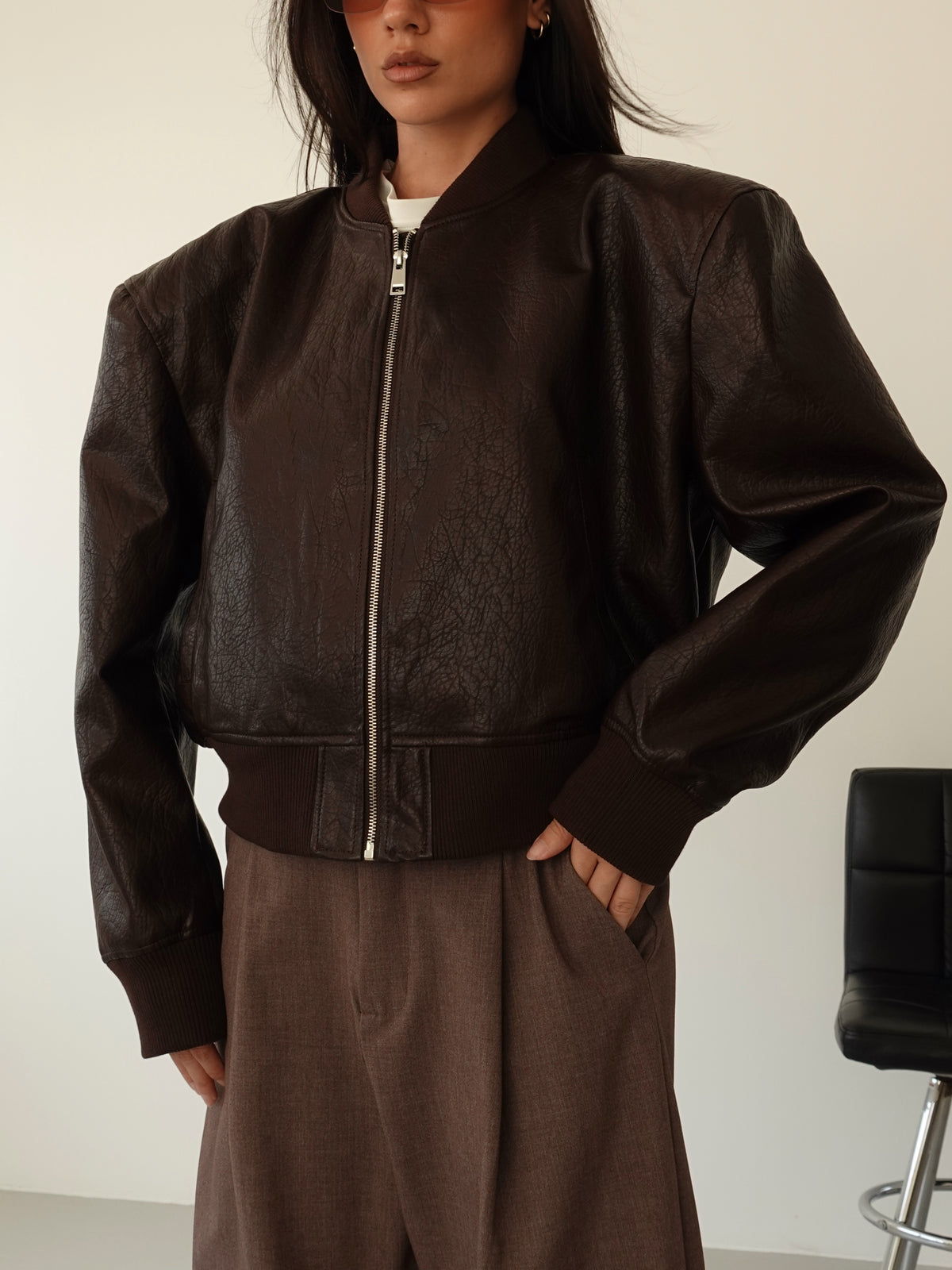 BOMBER IN ECOPELLE CON SPALLINE - CIOCCOLATO 13953