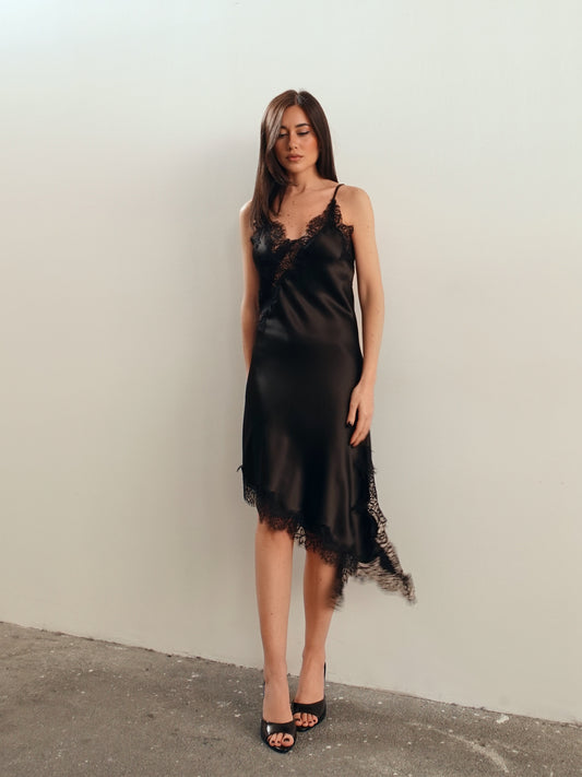 VESTITO LINGERIE ASIMMETRICO - NERO Y-09