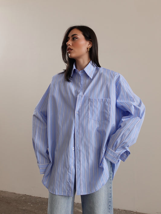 CAMICIA OVER A RIGHE CON SPALLINE - AZZURRO 17192