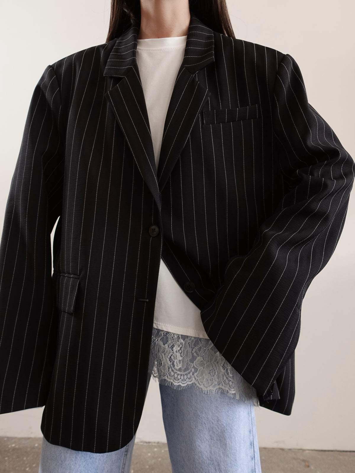 BLAZER GESSATO CON RISVOLTO A CONTRASTO - NERO 3141