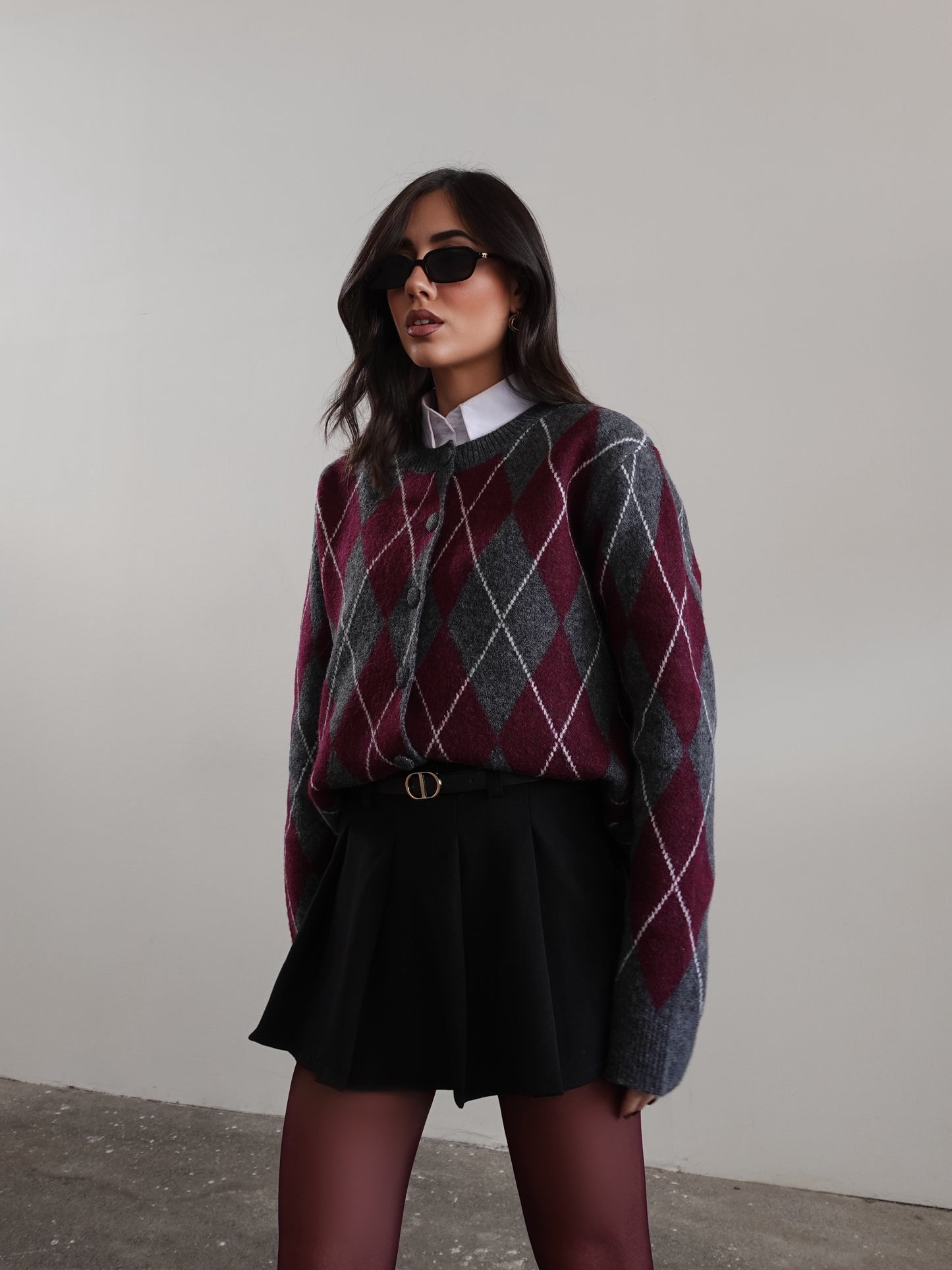 CARDIGAN IN LANA FANTASIA ROMBI - GRIGIO/WINE 8280