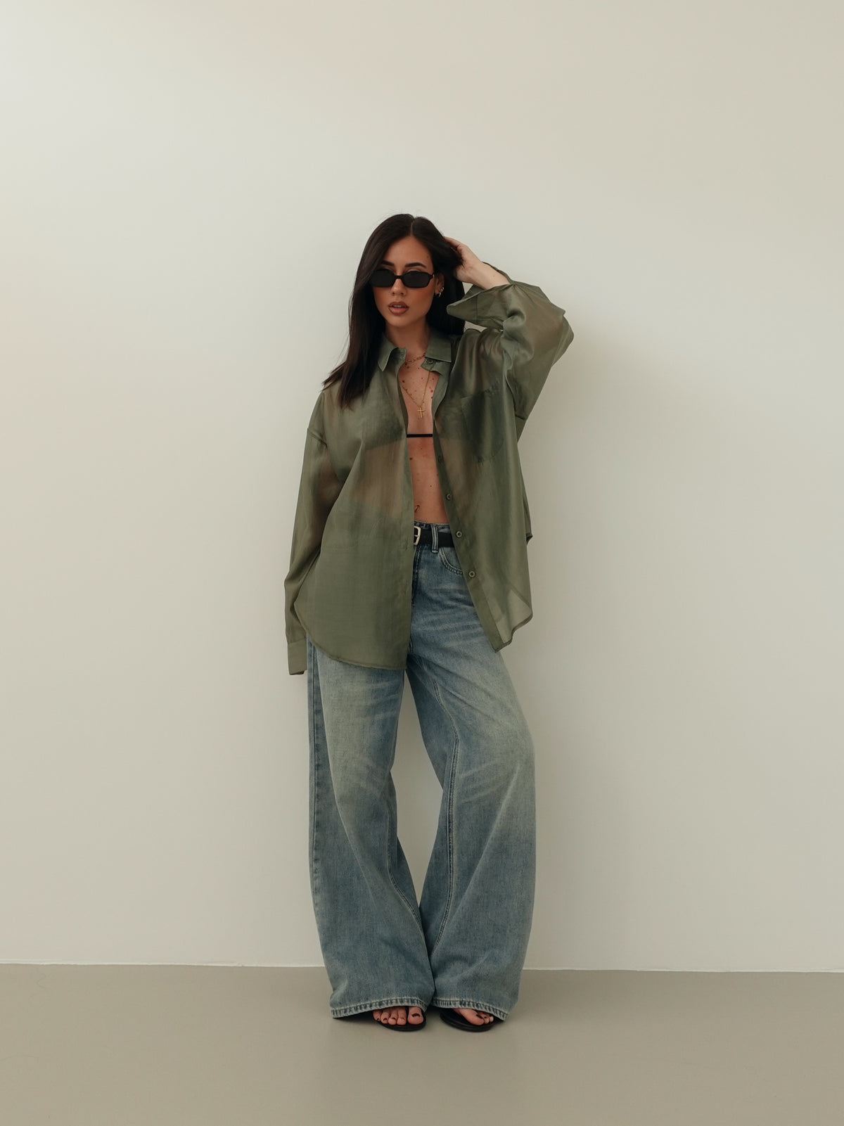 JEANS WIDE LEG SABBIATO CON CINTURA - LAVAGGIO MEDIO 66381
