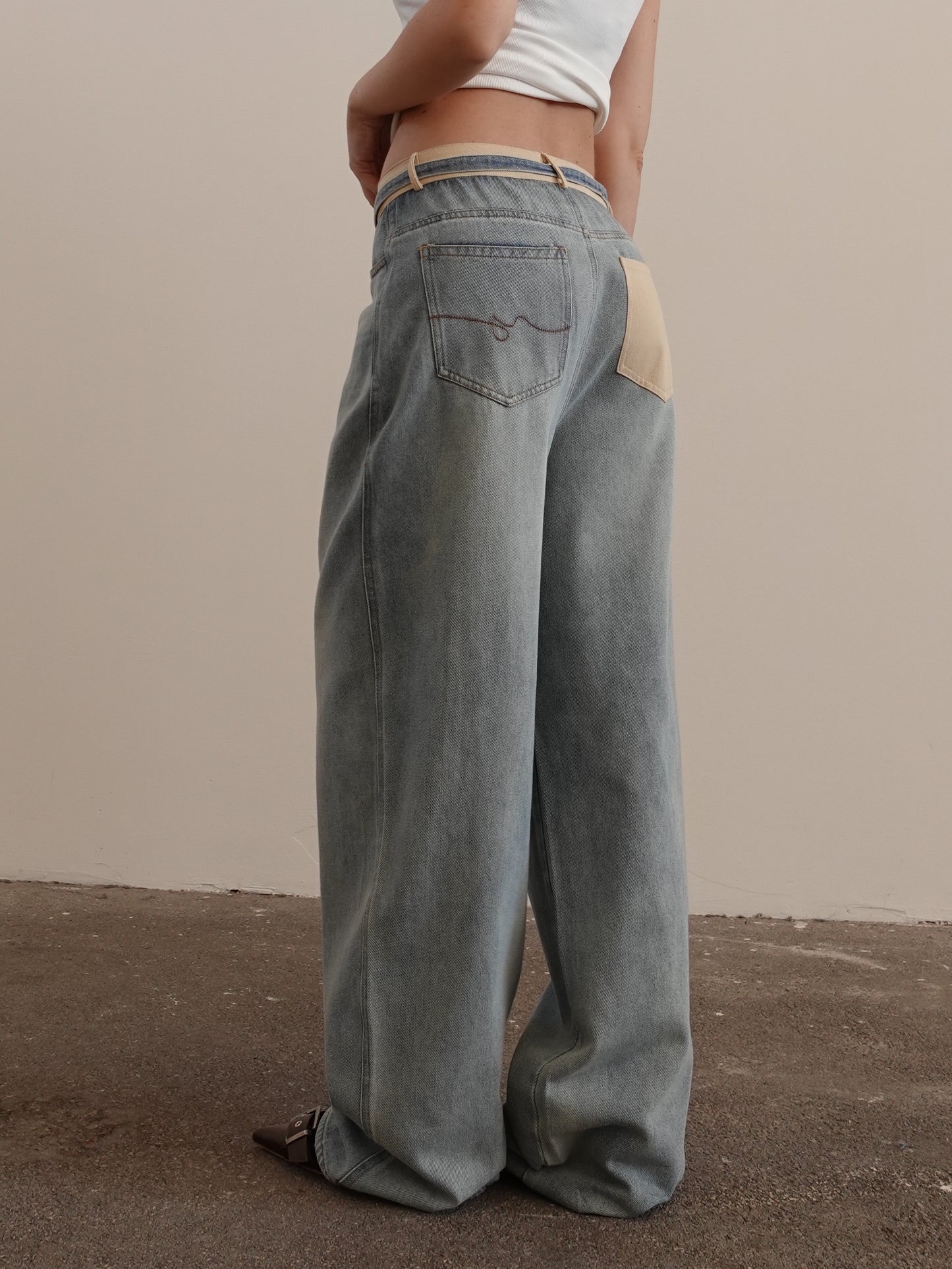 JEANS WIDE LEG CON DETTAGLI IN COTONE - SABBIATO/BEIGE 43042