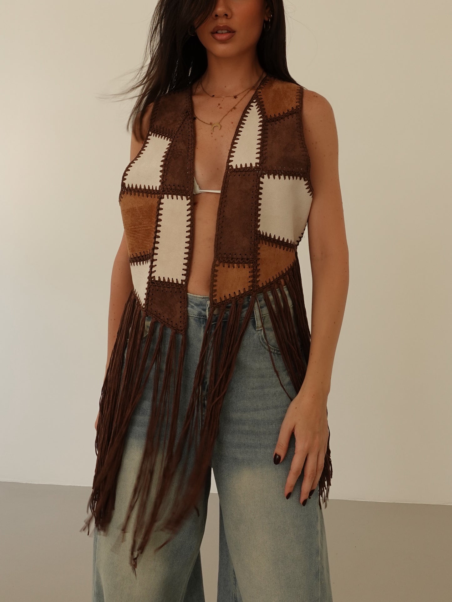 GILET TEXAS CON FRANGE - MARRONE 50111