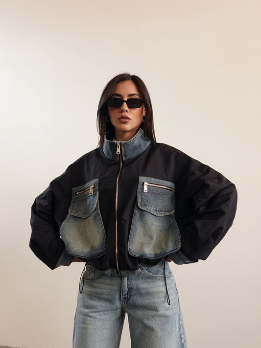 GIACCA CON INSERTI IN DENIM - NERO/BLUE JEANS 6355