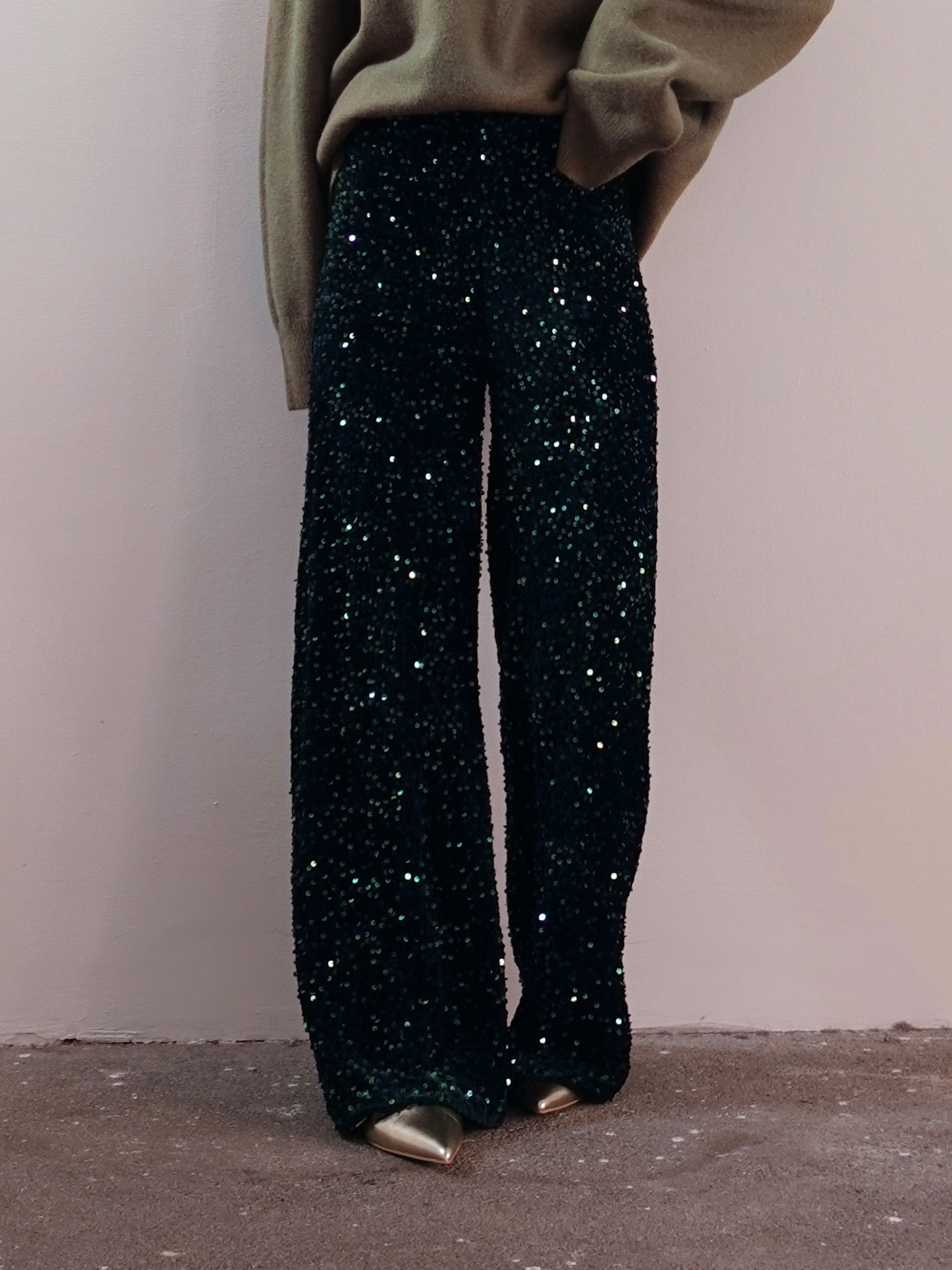 PANTALONI WIDE LEG CON PAILLETTES - VERDE SMERALDO DF003/24