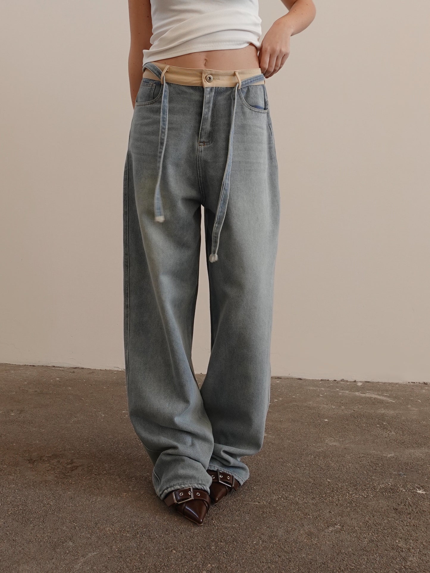 JEANS WIDE LEG CON DETTAGLI IN COTONE - SABBIATO/BEIGE 43042