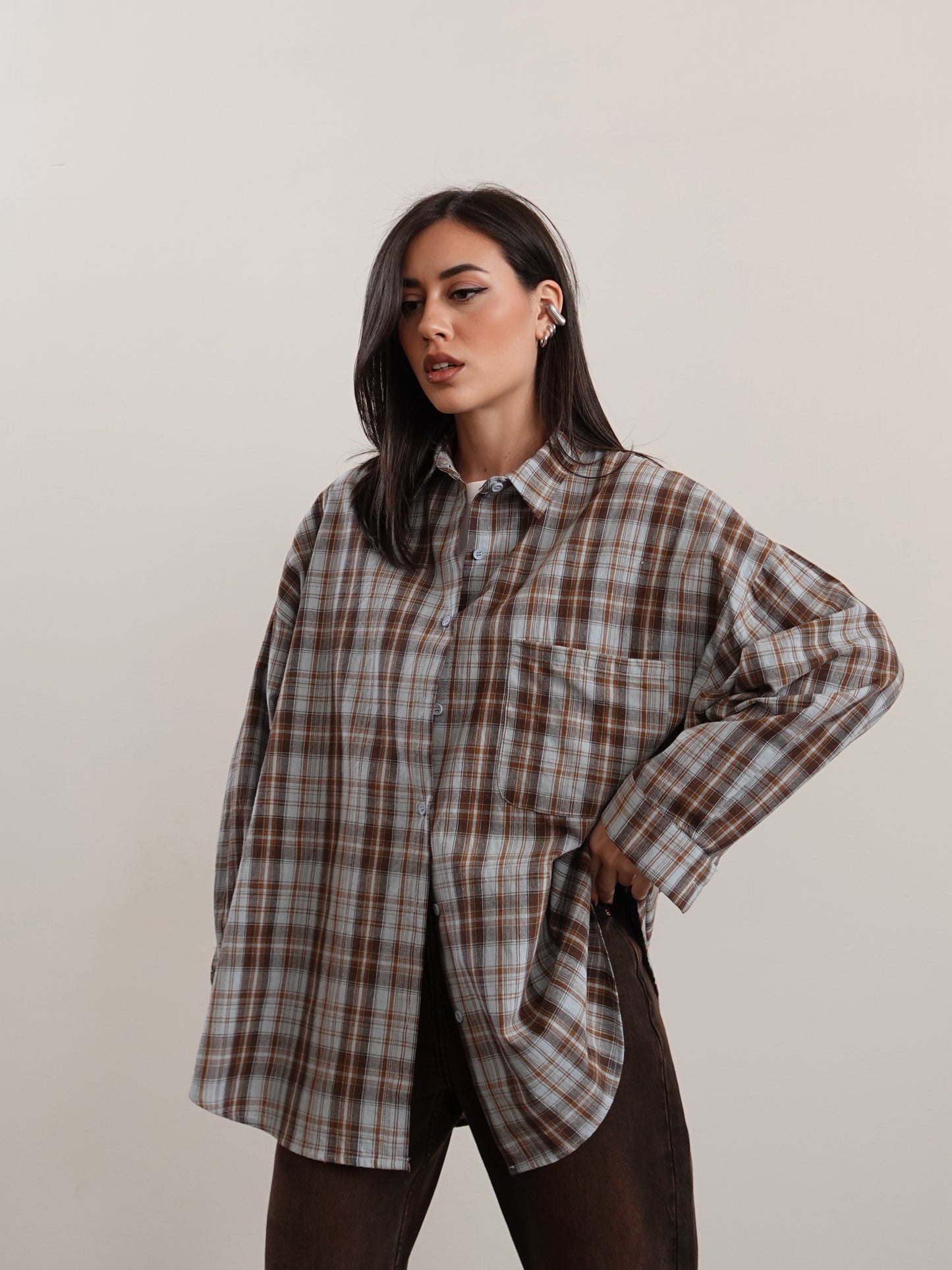 CAMICIA A QUADRI IN COTONE - CERULEO/MARRONE 22611