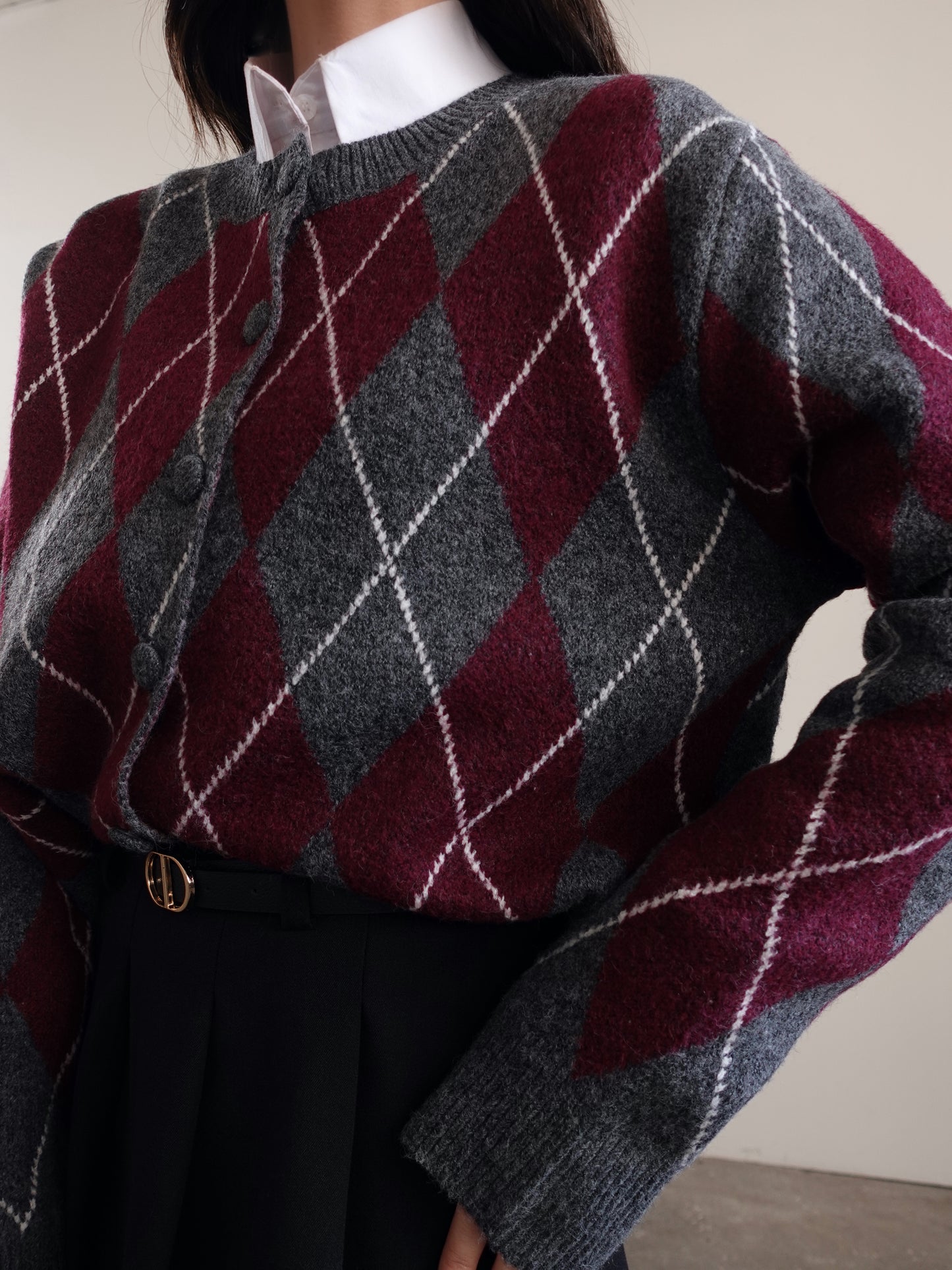 CARDIGAN IN LANA FANTASIA ROMBI - GRIGIO/WINE 8280