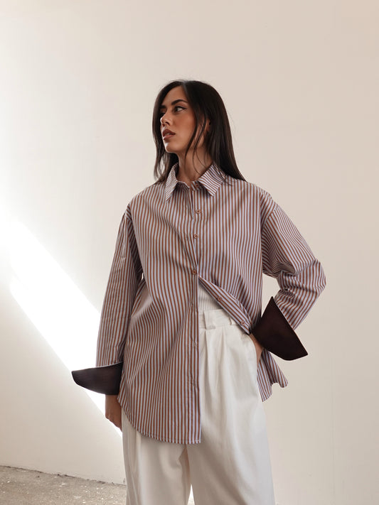 CAMICIA A RIGHE CON POLSI A CONTRASTO - MARRONE 66722