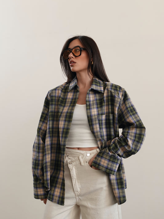 CAMICIA IN COTONE A QUADRI CON SPALLINE - VERDE/BEIGE