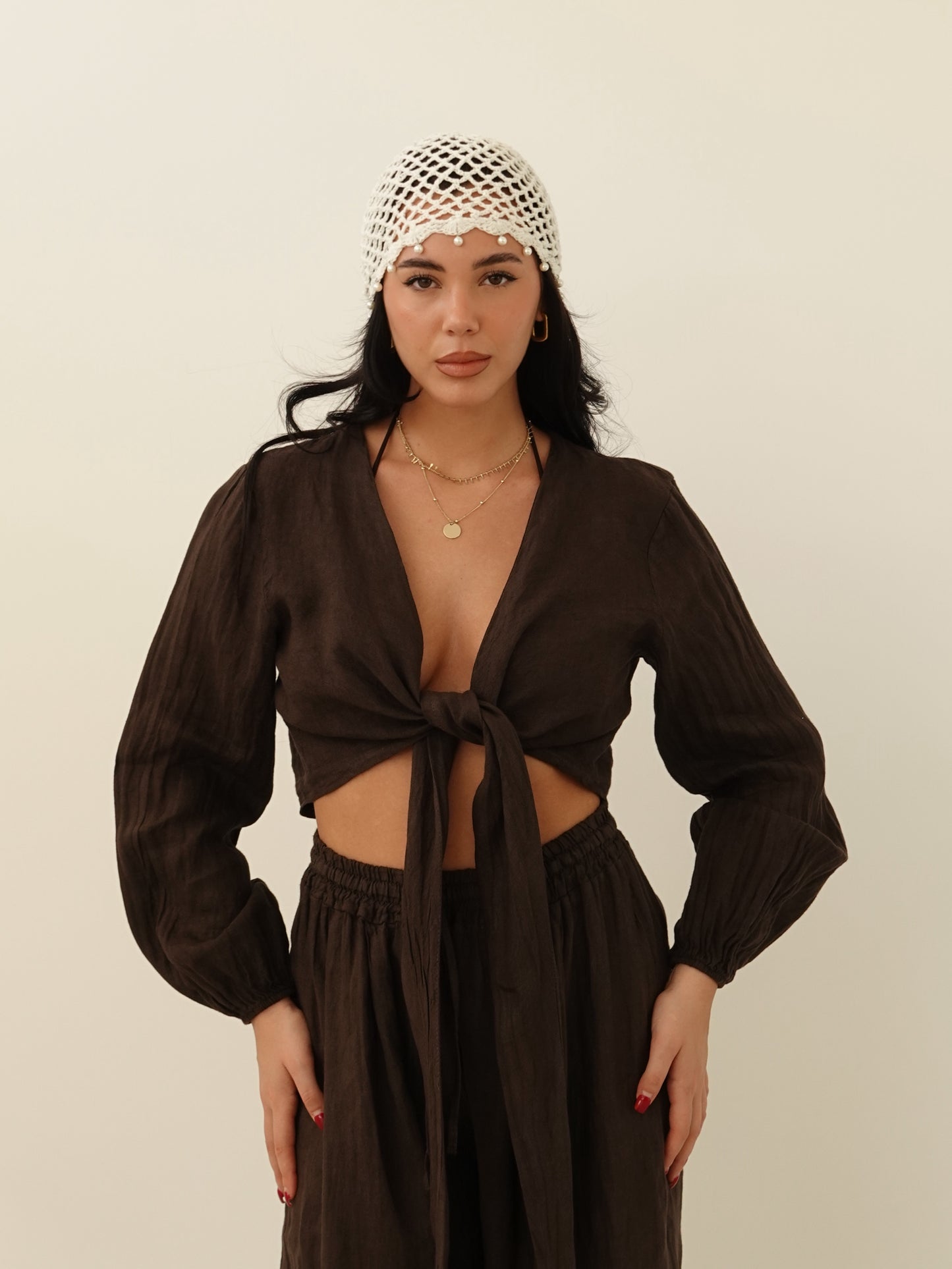 BLUSA CROP CON NODO 100% LINO - CIOCCOLATO 8767